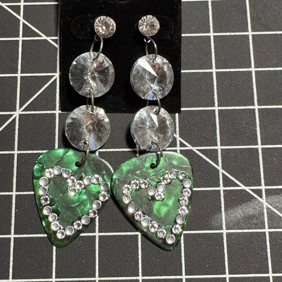 Green guitar pick dangle earrings with crystal and rhinestone embellishments - Picture 1 of 5